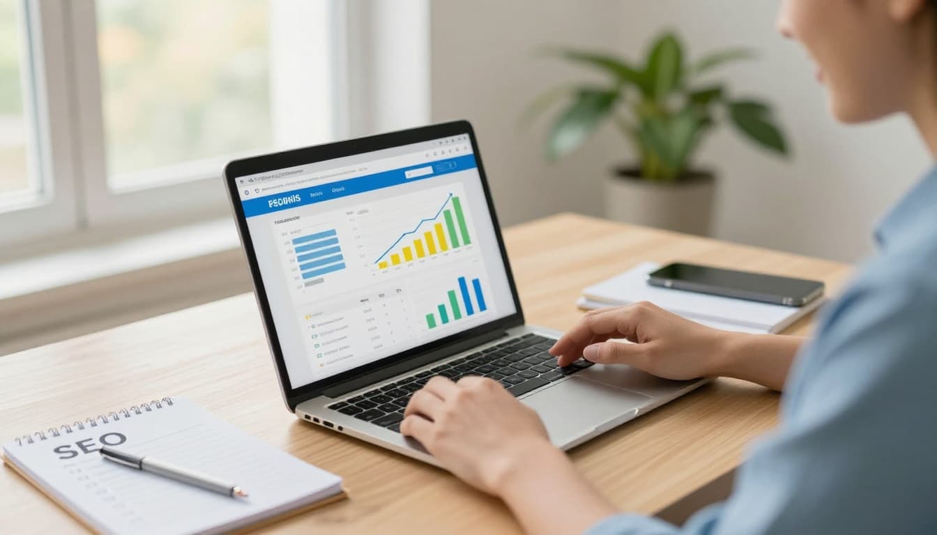 Photorealistic image in a bright, optimistic modern small-business office where a marketer and business owner review a website analytics dashboard on a laptop, with an SEO notepad nearby.