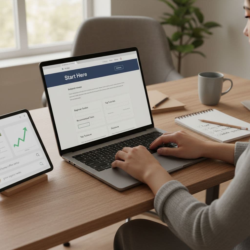 Photorealistic high-resolution editorial photo of a modern laptop on a tidy home office desk displaying a website editor with a 'Start Here' resource page layout including sections like Beginner Guides, Recommended Tools, Top Tutorials, and Disclosure. A marketer's hands add internal links while a notepad checklist reads 'Rank, Earn, Stay Helpful, Update quarterly'; subtle analytics dashboard on a tablet shows upward trends.
