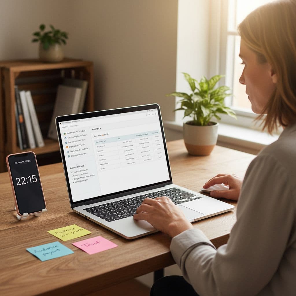 Focused side hustler selecting affiliate offers in a home office