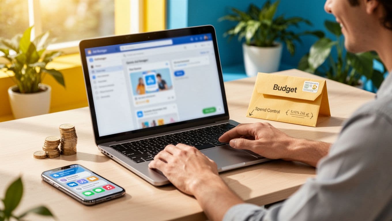 Photorealistic image of one person in a bright, modern small-business office setting up an online ad campaign on a laptop, with budget symbols and phone notifications nearby.