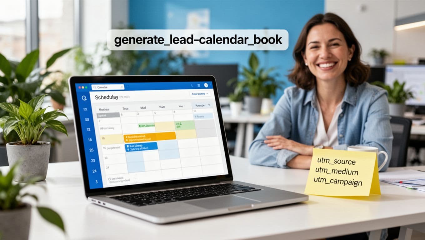 Photorealistic image of a relaxed, smiling business owner at a modern desk with a laptop displaying a generic online scheduling calendar highlighting one booked appointment slot, accompanied by a sticky note with UTM tags in a vibrant workspace.