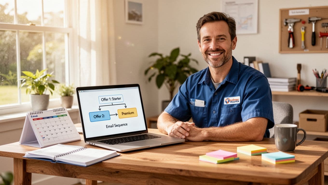 Photorealistic image of a friendly mid-30s plumber in casual work shirt smiling relaxed at a tidy wooden desk in a bright sunlit home office. Laptop shows simplified email funnel diagram with 'Offer 1: Starter' and 'Offer 2: Premium' connected by arrows, plus open calendar, colorful sticky notes, and coffee mug.