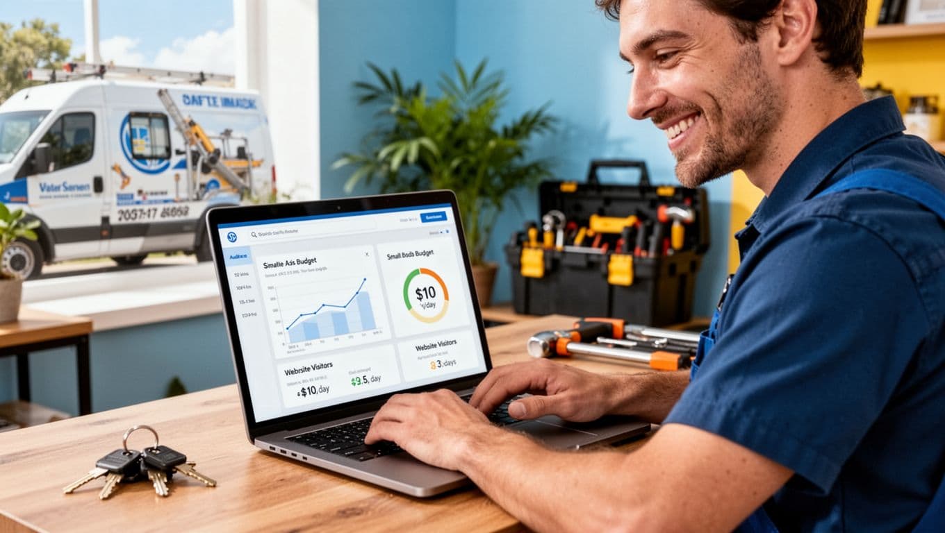Photorealistic image of a small business owner, portrayed as a plumber in a tidy home office, smiling while reviewing a simple ad dashboard on a laptop with generic charts, small budget, and audience metrics.