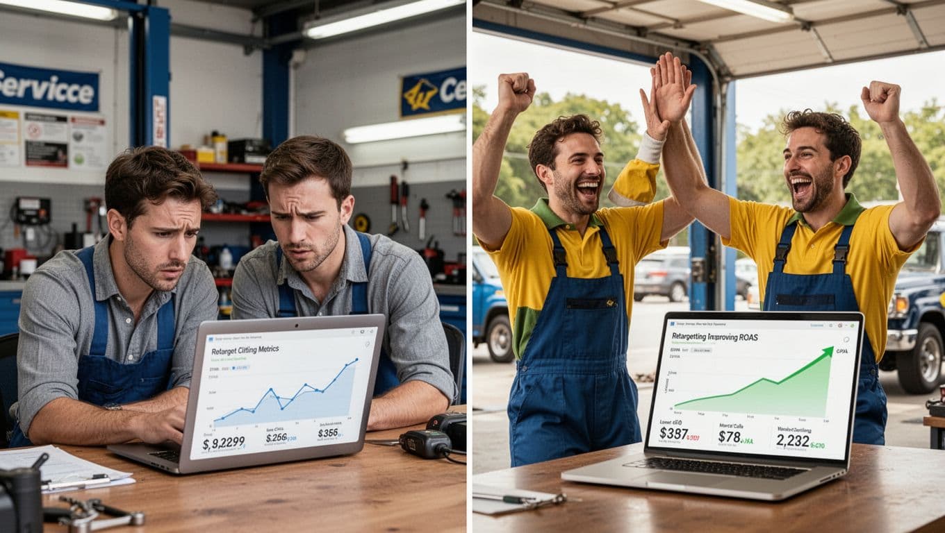 Photorealistic split-screen: left shows two-person team in garage/office concerned over flat laptop metrics; right depicts them high-fiving in celebration with improving trends like lower CPA, more calls, and better Retargeting ROAS.