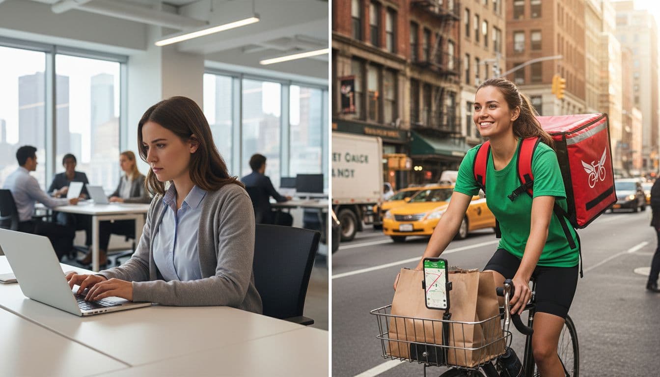 Split screen of woman at office desk and delivering food on a bike