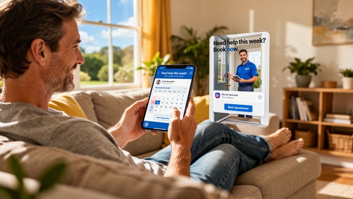 Photorealistic scene of a relaxed homeowner scrolling on a smartphone in a sunlit living room, seeing a generic reminder ad for booking a local service with a friendly technician photo and appointment button.