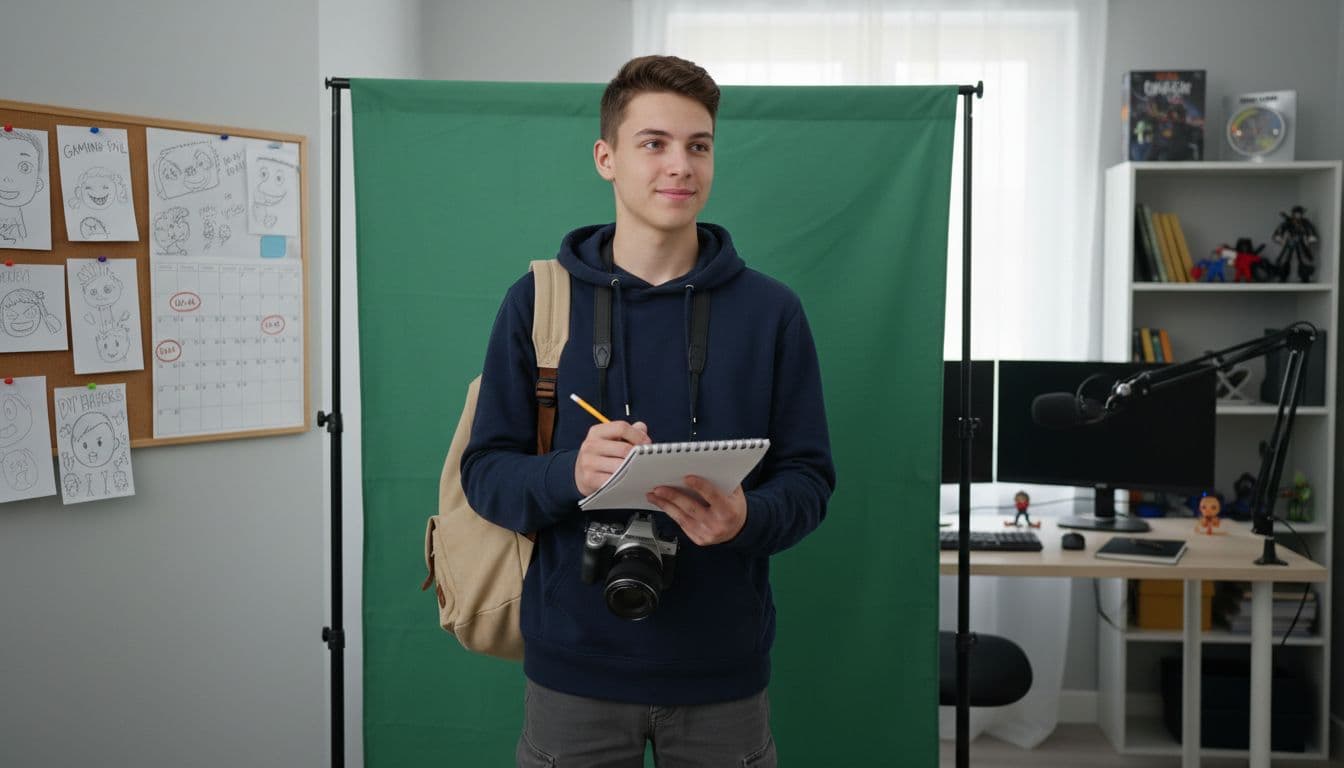 Teen YouTube creator planning content in front of a green screen setup