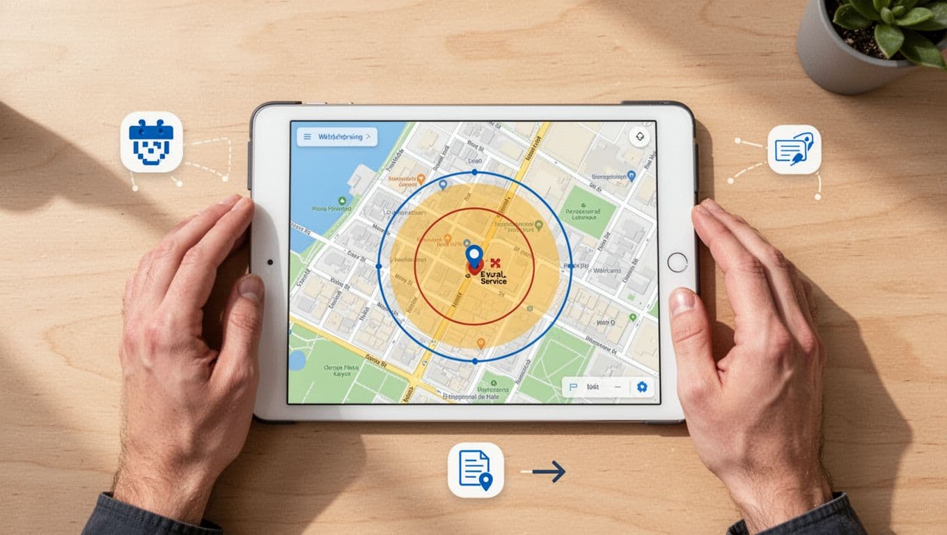 Photorealistic top-down view of a tablet on a wooden desk displaying a neighborhood map with a highlighted service area radius and retargeting icons like pixel, lead form, and repeat arrow, with two relaxed hands nearby in a bright, optimistic setting.