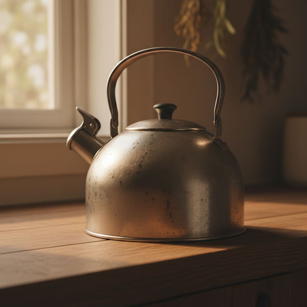 A worn stainless steel kettle rests on a rustic wooden kitchen counter in soft natural light.