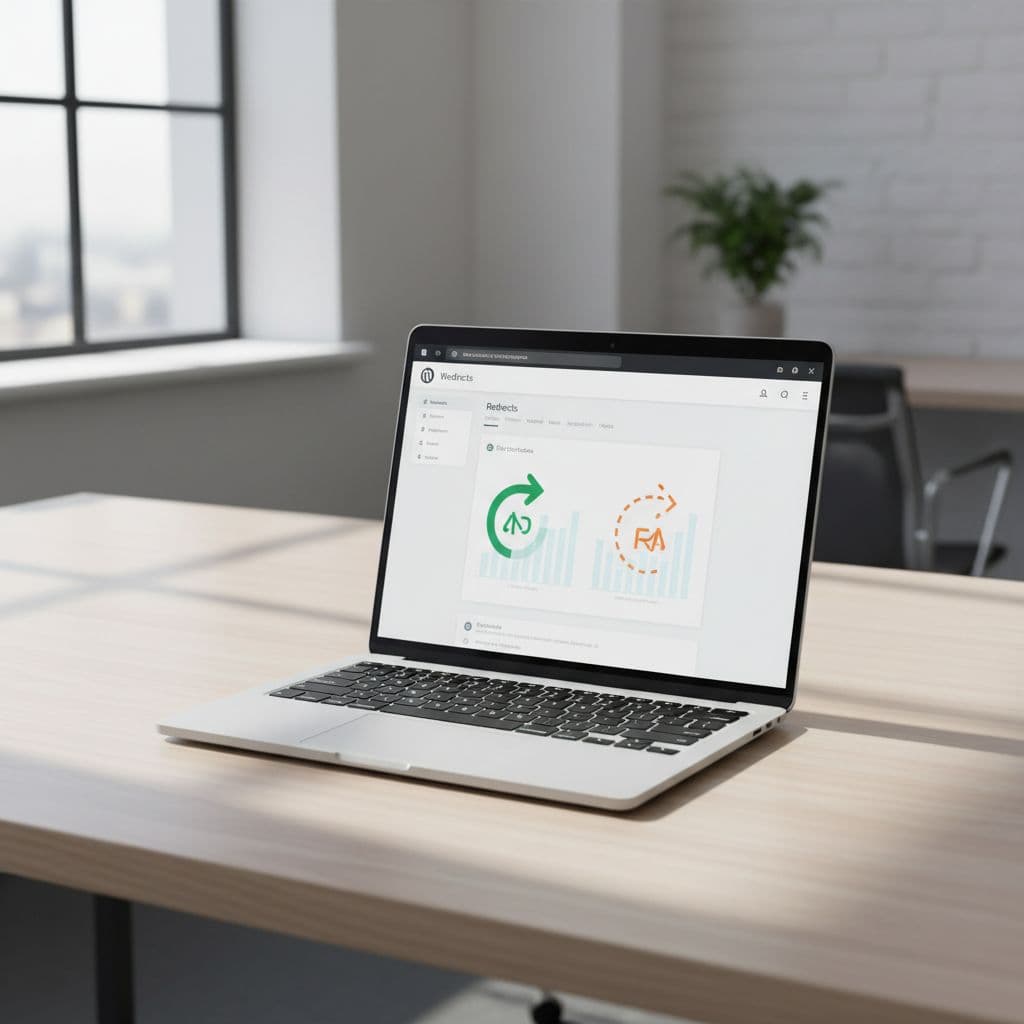 Photorealistic high-resolution image of a modern laptop on a clean desk in a bright office, displaying the WordPress admin dashboard with redirects settings page featuring green and orange arrow icons and subtle link click graphs.