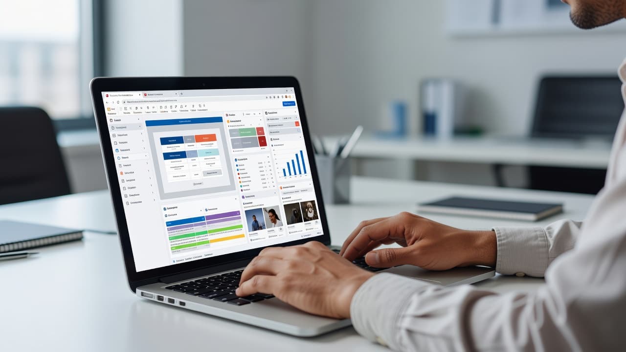 A close-up shows hands typing on a laptop screen displaying web design interface elements and social media management tools. The background is a clean, modern office space with a soft focus.