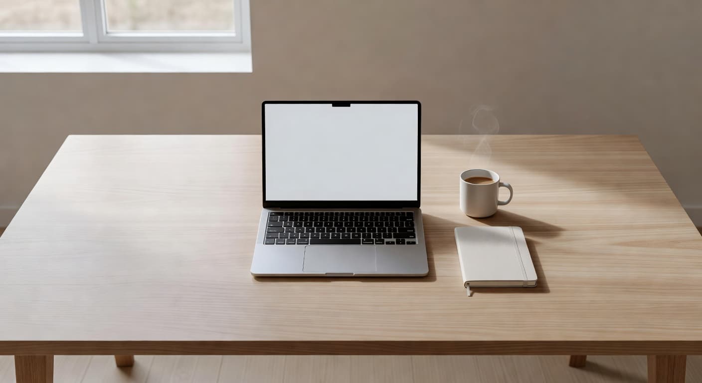 A clean workstation setup sits by a bright window, featuring a sleek laptop, a steaming ceramic coffee mug, and an open notebook. Soft natural light illuminates the organized minimalist surface area.
