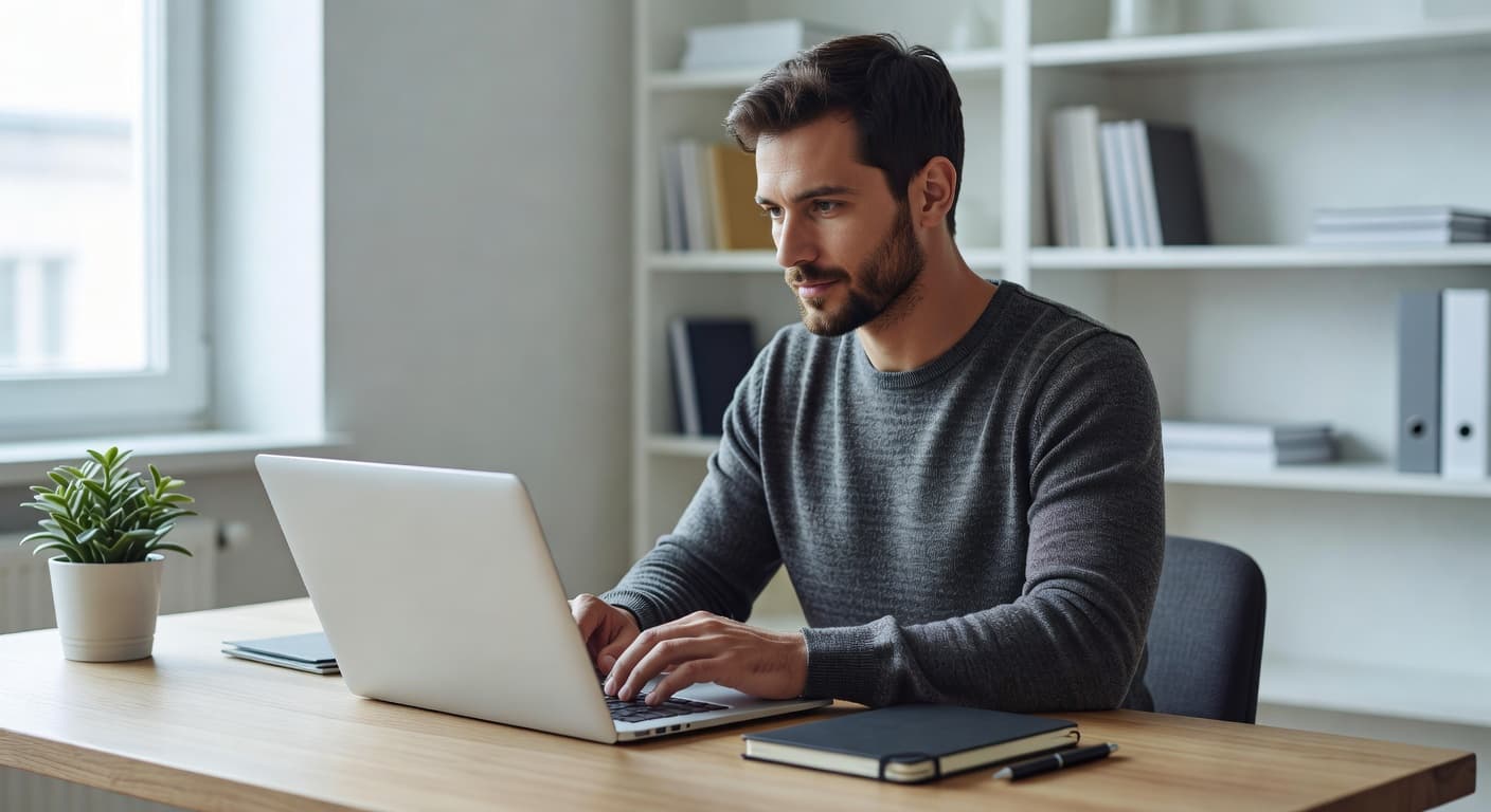 A focused individual types on a silver laptop at a minimalist wooden desk. Beside the computer, a ceramic coffee mug and a small green succulent sit under bright natural daylight.