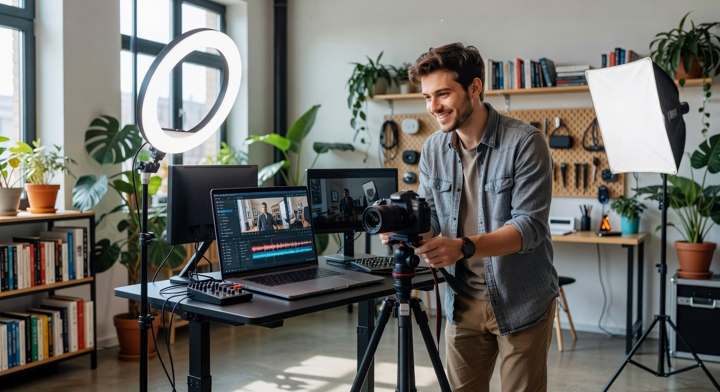 A creative person setting up a professional video content creation station with a camera, ring light, and laptop, bright and engaging environment, high quality, no text, no logos.