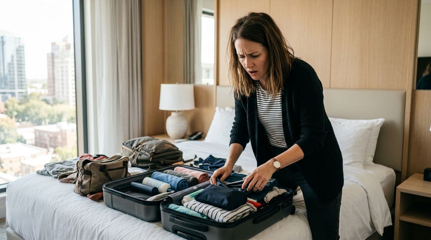 A solo traveler in a modern hotel room checks an open suitcase and bags on the bed with a concerned expression, realizing their passport is missing. Realistic photograph style with natural window lighting, no other people or text.