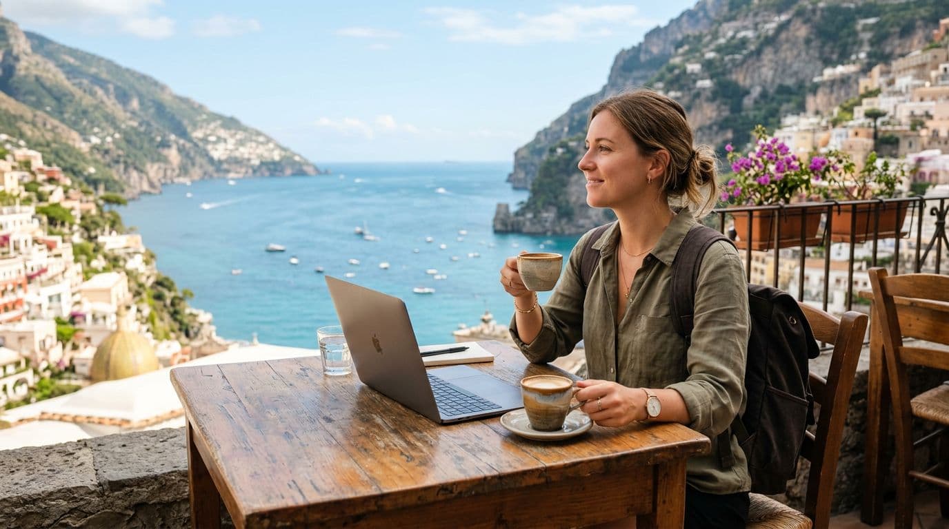 A digital nomad sits relaxed at a wooden table in a bright European cafe, laptop open with screen angled away, backpack and coffee cup nearby, sea view in background, natural daylight, realistic photography.