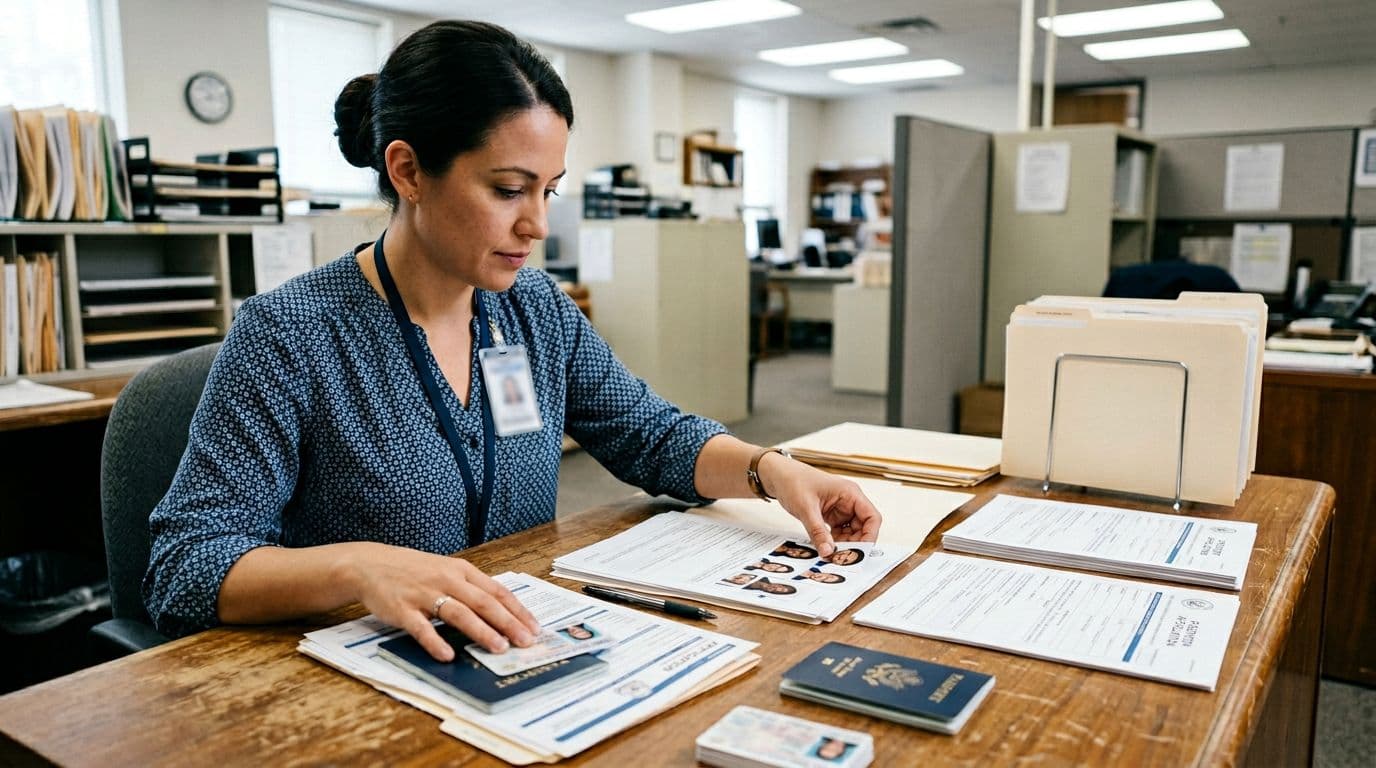 A single person at a government office desk organizes passport application forms, ID cards, and photos in a neat, focused workspace under bright overhead lighting. Realistic photo style with relaxed hands, no screens, text, or other people, content filling the entire frame.