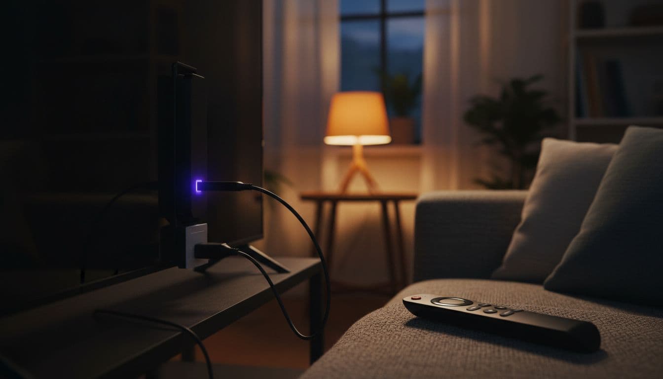 Close-up of an Amazon Fire TV Stick plugged into an HDMI port on a modern TV, with HDMI cable, power adapter nearby, and remote on couch in a cozy evening living room with cinematic lighting.