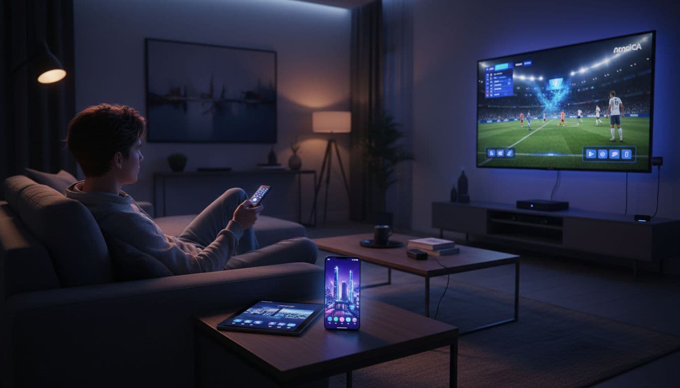 Various Android devices like smartphone streaming video on coffee table, tablet on couch, Android TV box and streaming stick connected to TV showing live sports, with one person relaxed watching. Cinematic style with dramatic lighting and #4338CA accents in device glows.