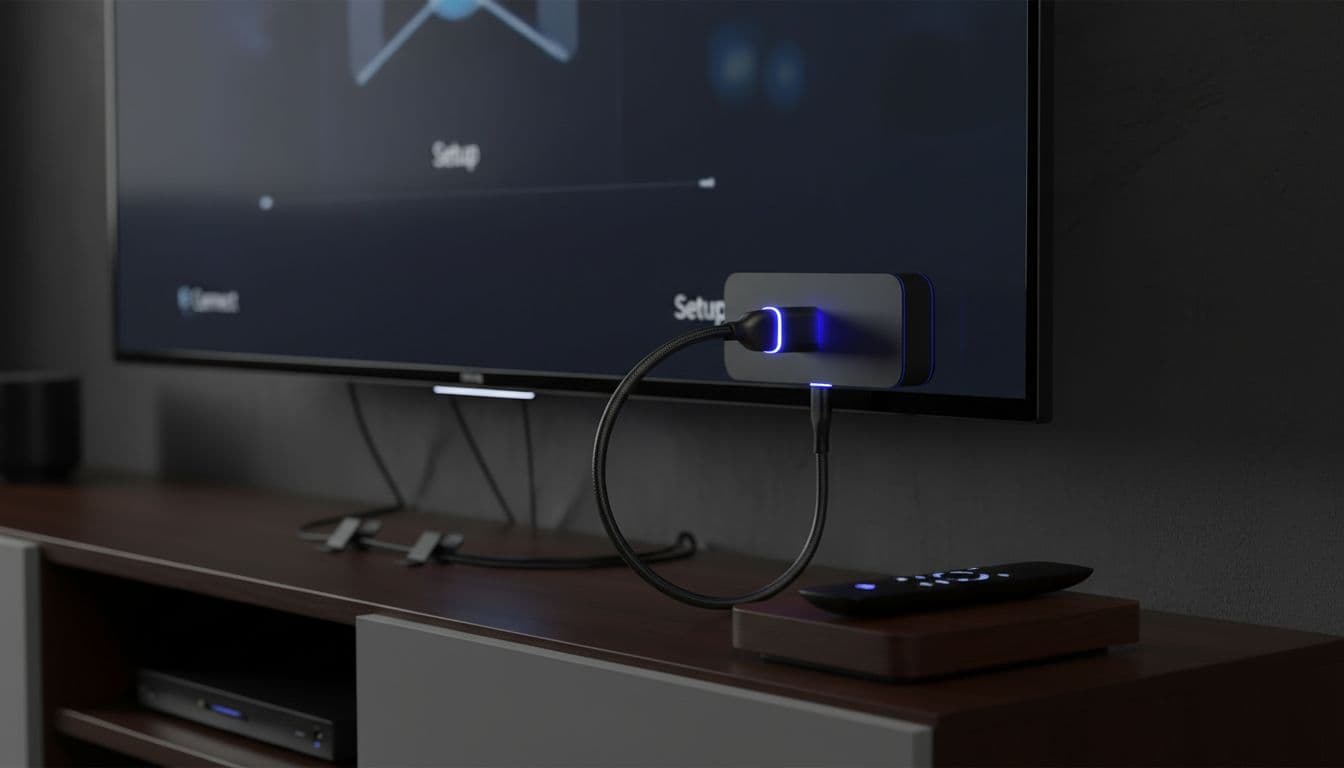 Close-up of Android TV box connected to TV HDMI port with nearby remote and blurred setup screen, in a modern entertainment center with organized cables and cinematic lighting.