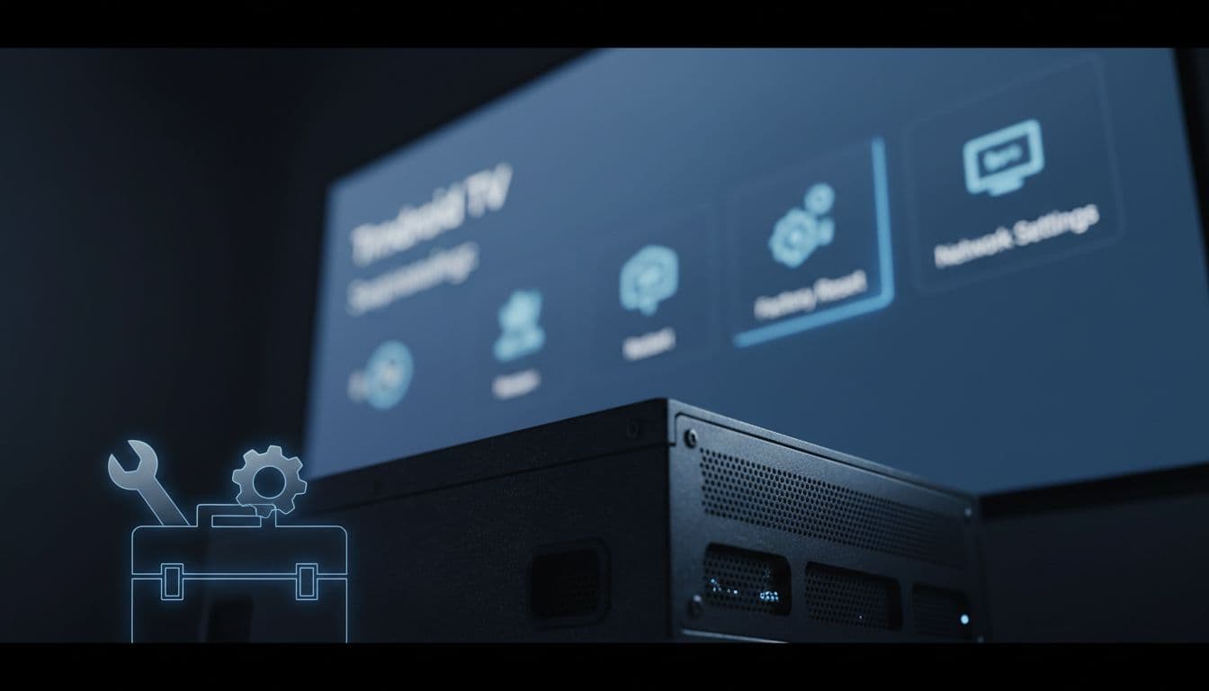 Close-up low-angle cinematic shot of Android TV remote and vented set-top box with toolbox metaphor for troubleshooting blurred settings menu on TV screen.