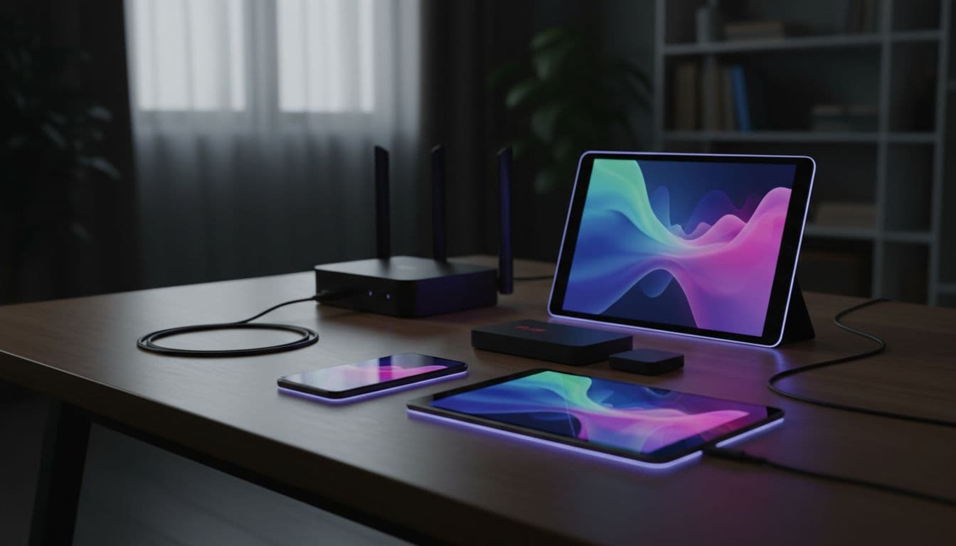 Assortment of streaming devices like smartphone, tablet, Android TV box, and Fire TV Stick on a modern wooden desk in home setup, with glowing screens showing abstract colorful waves and subtle router connections.