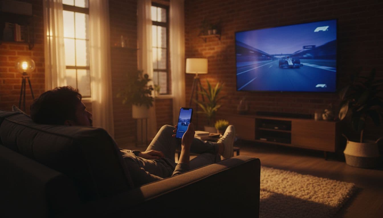 A relaxed person in a cozy living room watches a live Formula 1 race on a large smart TV while holding a phone with the same stream, illuminated by soft evening light and dramatic cinematic glow from screens.