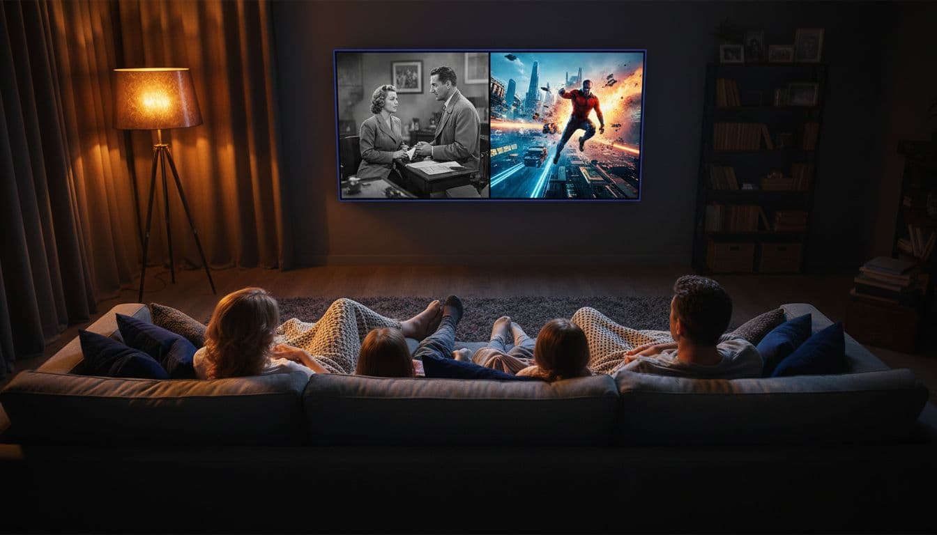 A family of four relaxes on a couch in a warm living room, viewing a large TV split between a black-and-white classic film and a vibrant action movie, with dramatic lighting and cinematic depth.