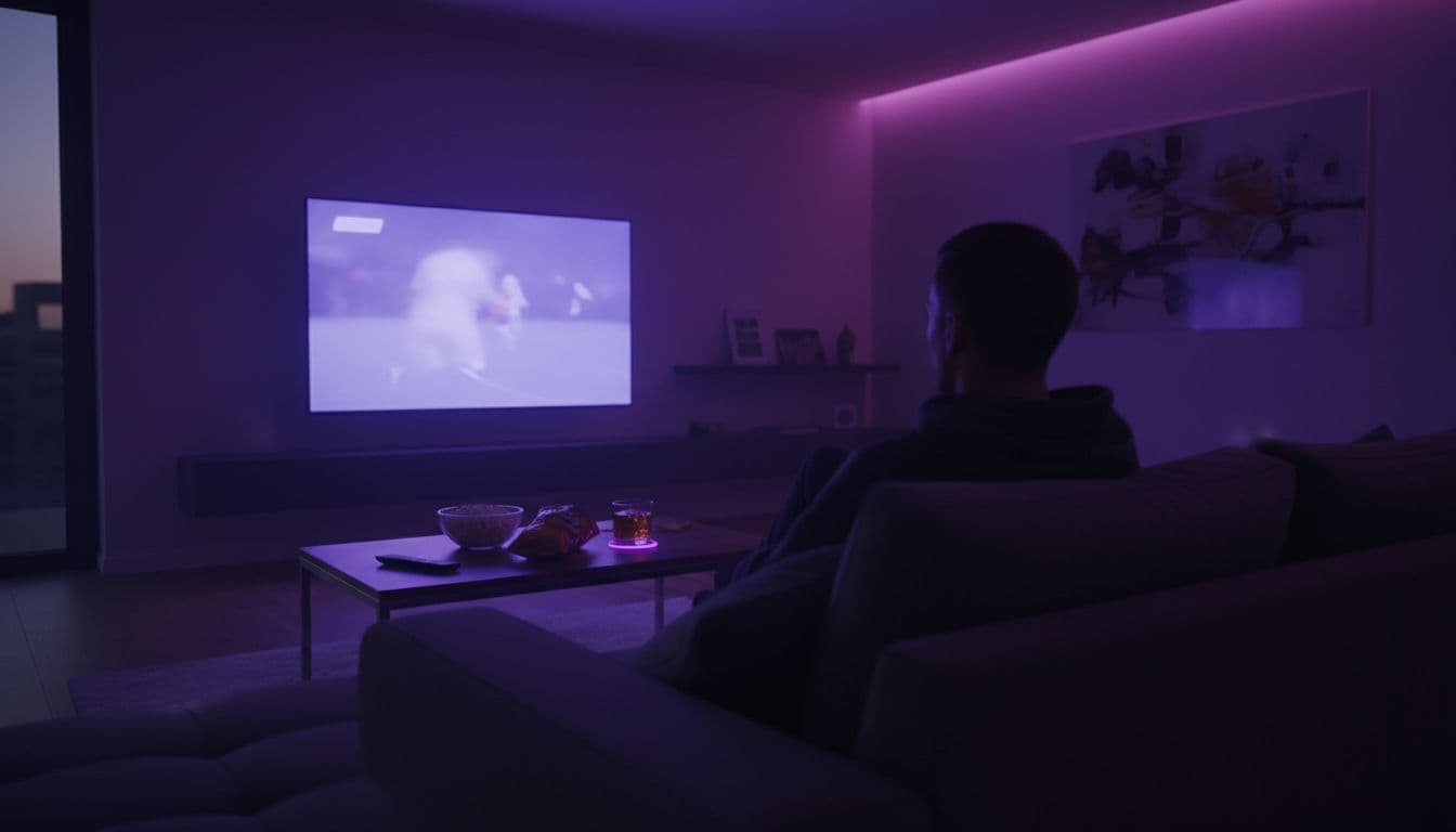 A relaxed viewer lounges on a couch in a dimly lit living room, watching a football match stream on a smart TV with glowing screen focus, snacks and remote on the table, cinematic style featuring dramatic lighting, strong contrast, depth, and purple room accents.