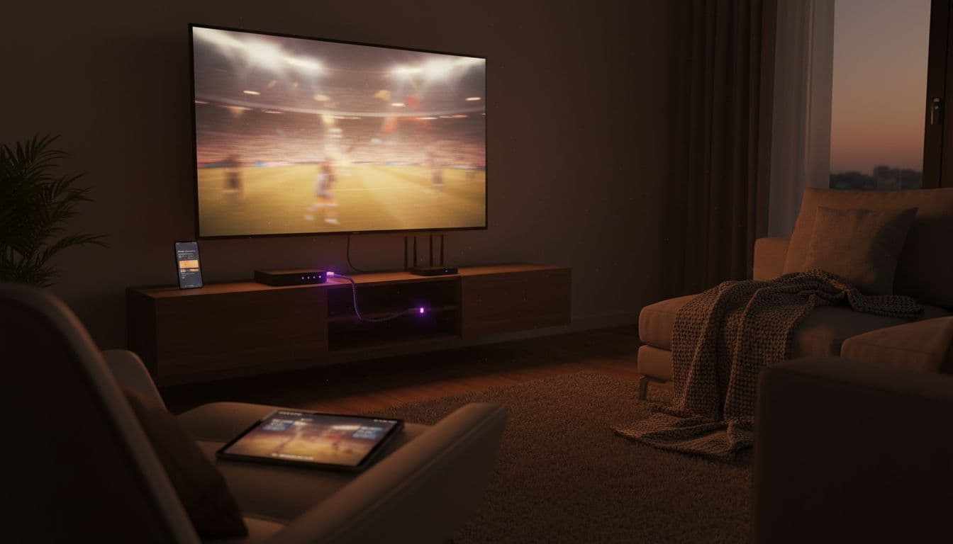 Cozy living room at dusk illuminated by the warm glow of a large wall-mounted TV streaming a blurred high-definition sports match via IPTV, with set-top box, router, smartphone showing EPG, and tablet nearby.