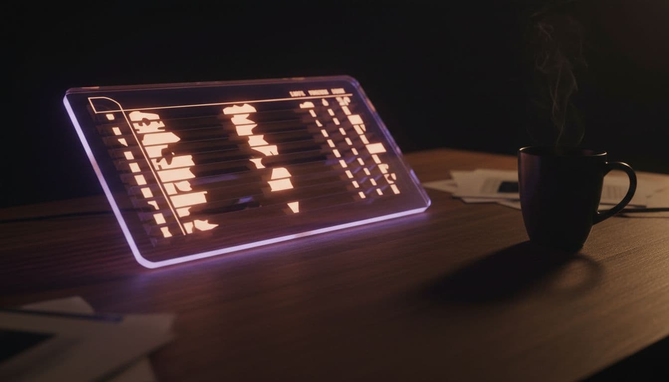 Close view of an EFL Championship league table on a wooden desk with a coffee mug nearby, featuring dramatic shadows, warm lamp light, and cinematic contrast highlighting top and bottom positions to evoke standings pressure.