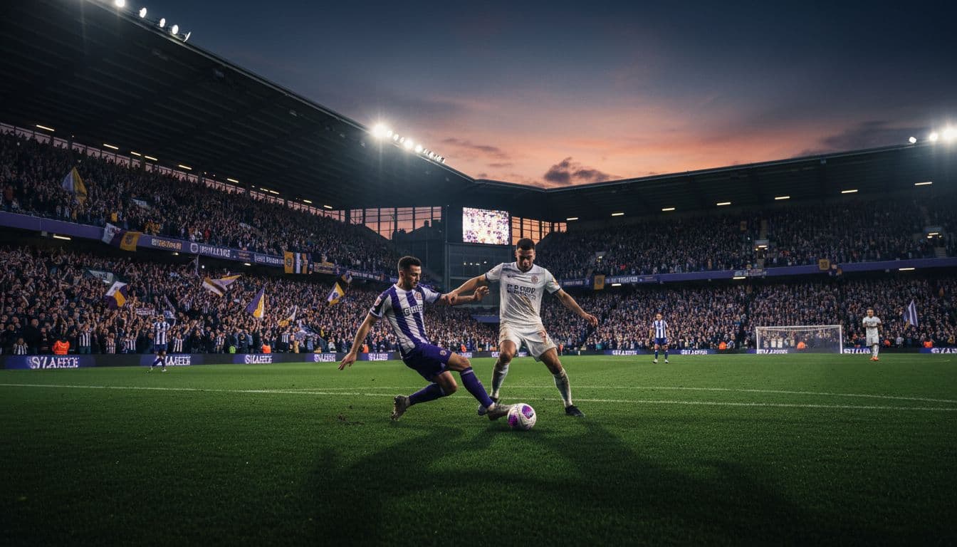 Packed EFL Championship stadium buzzing during a tense promotion match at dusk, with fans in scarves cheering wildly and two players clashing over the ball in midfield under dramatic floodlights.