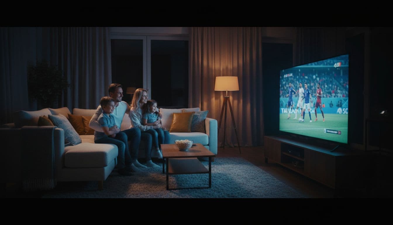 An excited family of four in a cozy living room at night watches a live FIFA World Cup 2026 football match on a large TV, with dynamic soccer action on screen and joyful faces illuminated by the TV glow.
