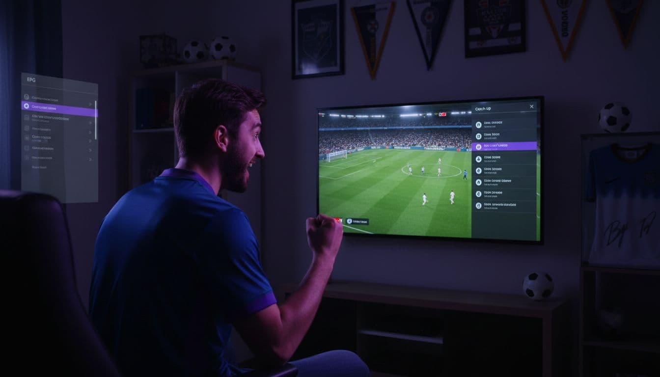 Sports fan in home setup excitedly watches soccer match replay on TV with catch-up menu and EPG guide visible, surrounded by sports memorabilia in cinematic lighting.