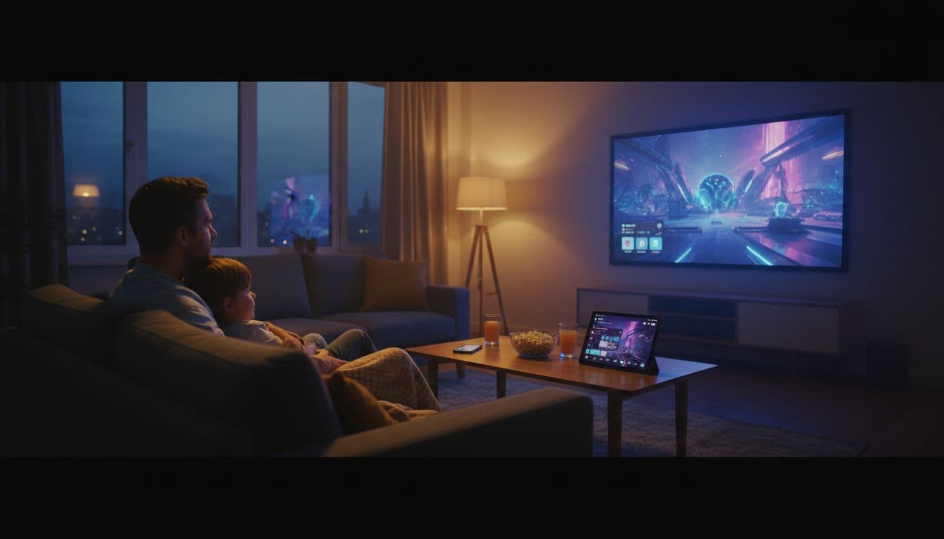 In a cozy family room, a parent and child watch a movie on the TV, with an Android phone and tablet on the table glowing from IPTV streaming, creating a relaxed evening atmosphere in cinematic style with dramatic lighting.