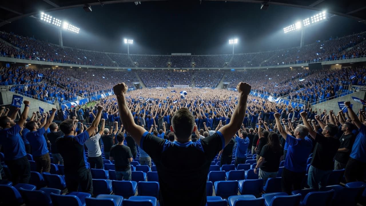 A supporter wearing a jersey stands in a crowded stadium at night, looking toward the bright field. Intense spotlights create a dramatic glowing atmosphere and deep shadows across the seating area.