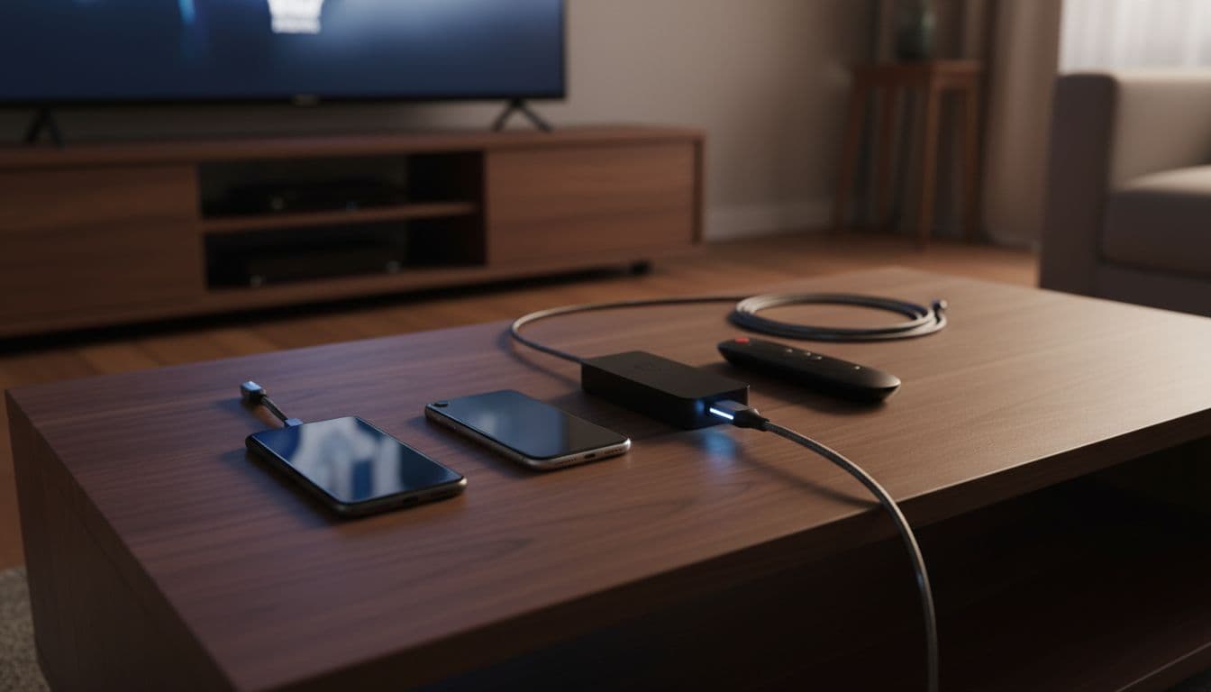 Angled overhead view of a modern wooden coffee table in a home entertainment area, featuring a Fire TV Stick connected via HDMI cable to a blurred TV in the background, with an Android smartphone, iPhone, Smart TV remote, and high-quality streaming cables neatly arranged.
