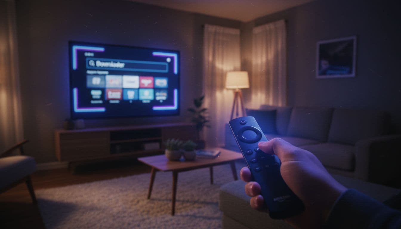 Amazon Firestick home screen on TV displaying search for Downloader app in Amazon Appstore, remote control pointed at screen in simple living room, cinematic style with dramatic lighting and blurred screen.
