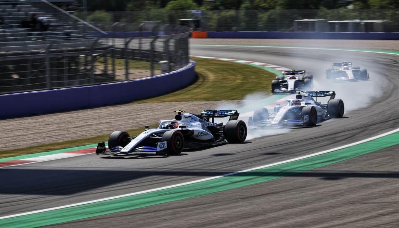 Dynamic Formula 1 cars speeding on a racetrack during a practice session, captured from a trackside low angle with motion blur and tire smoke on a bright sunny day.