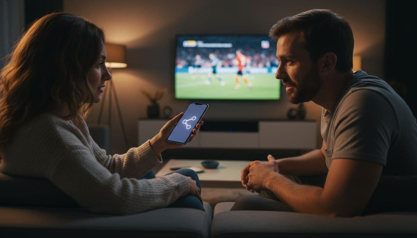 Two close friends relax on a couch in a modern living room, one showing a smartphone screen with a share icon to the other, with a blurred sports match on the TV in the background.
