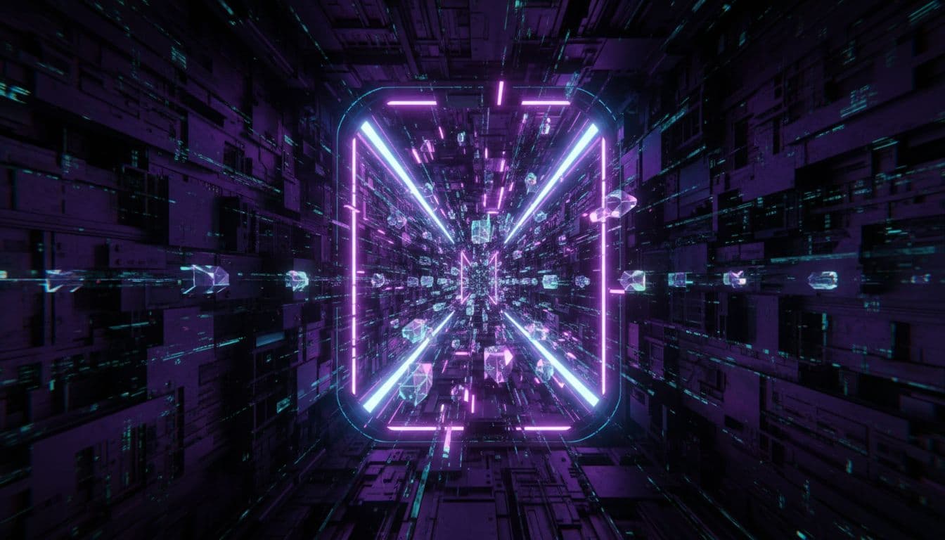 A secure data tunnel visualized as a glowing purple pathway through a dark cyber tunnel, featuring encrypted packets flowing inside in a dramatic cinematic style with strong contrast and lighting.