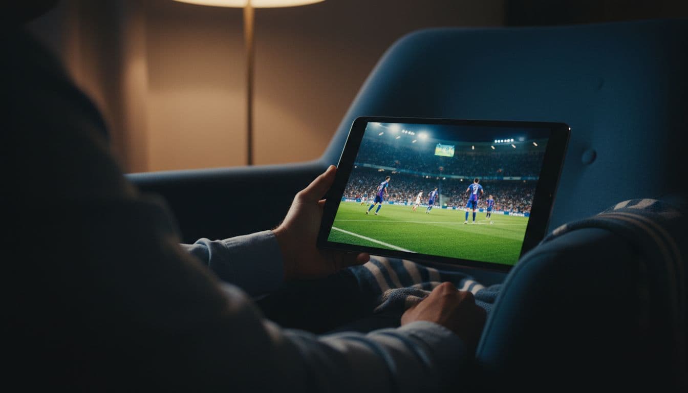 An Android tablet held naturally by one hand in a cozy armchair displays a vibrant live soccer match on screen, with the soccer field lit by stadium lights and blurred crowd in the background. Cinematic style features strong contrast, depth, dramatic lighting, and soft lamp glow for an immersive experience.