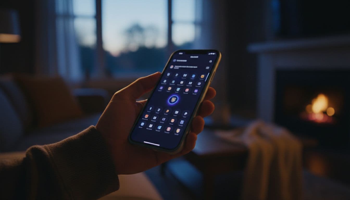 Smartphone held in one relaxed hand displaying blurred sports league schedule with calendar and match icons in a cozy living room at dusk, close-up cinematic style with dramatic side lighting.