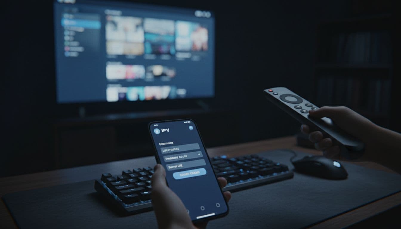 Smartphone screen showing blurred Xtream Codes login fields in IPTV app, Android TV remote pointing at faint TV interface in background, desk with keyboard and mouse. Cinematic style with dramatic lighting and #4338CA accents.