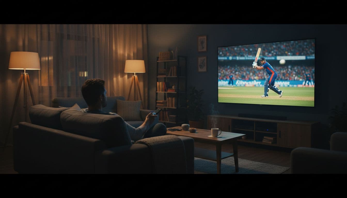 Exciting live cricket match with batsman mid-swing displayed on a large smart TV in a cozy living room, viewed by a single relaxed person on the couch holding a remote under warm dramatic lighting.