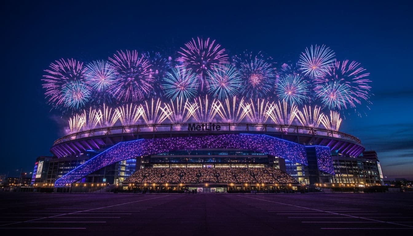 Exterior of MetLife Stadium at night during World Cup event with bursting fireworks in purple hues, cinematic dramatic lighting, full of distant crowd lights emphasizing grandeur.