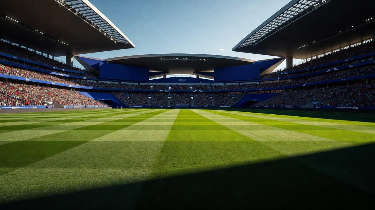 A pristine green soccer field occupies the center of a grand arena, surrounded by towering spectator stands. Indigo-tinted steel structures cast long, dramatic shadows across the manicured grass under bright sunlight.