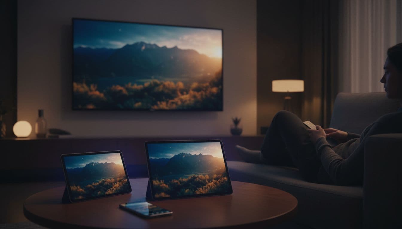 Modern living room with a large smart TV streaming high-quality content, a coffee table holding a smartphone and tablet displaying the same stream, and one relaxed person holding a remote under soft ambient light and cinematic dramatic lighting.