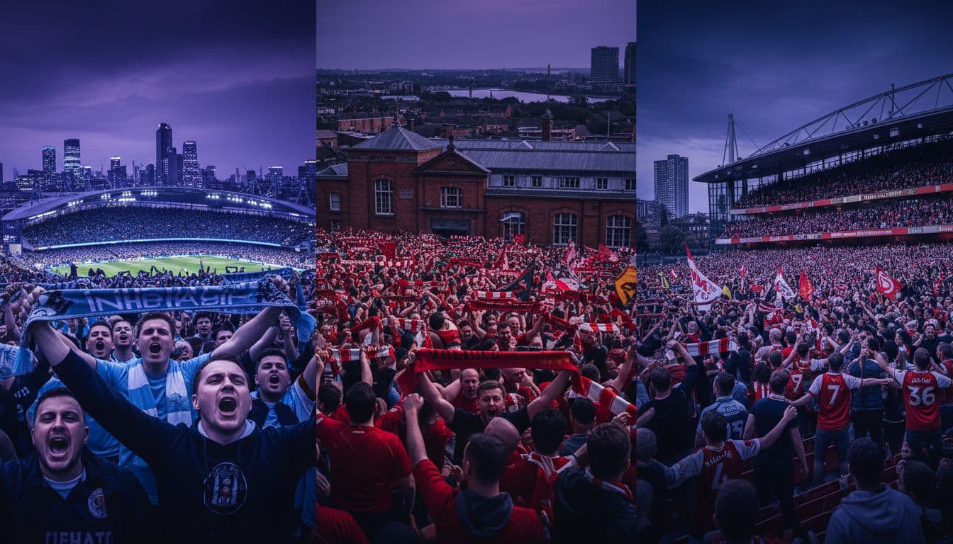 Side-by-side triptych showcasing Manchester City Etihad with blue scarves, Liverpool Anfield with red banners, and Arsenal Emirates in Highbury style, each with crowds of 100 passionate fans cheering in urban settings, cinematic deep blue-purple tones and dramatic lighting.
