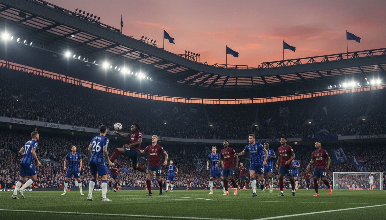 Packed Premier League title race match at a major stadium like Etihad or Anfield at dusk, with top teams' players clashing intensely in midfield amid a roaring crowd filling the stands and waving flags under dramatic floodlights.